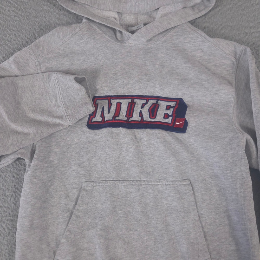 VINTAGE Nike Hoodie Kids Medium Grey Pullover Spellout Graphic Logo Y2K 90s